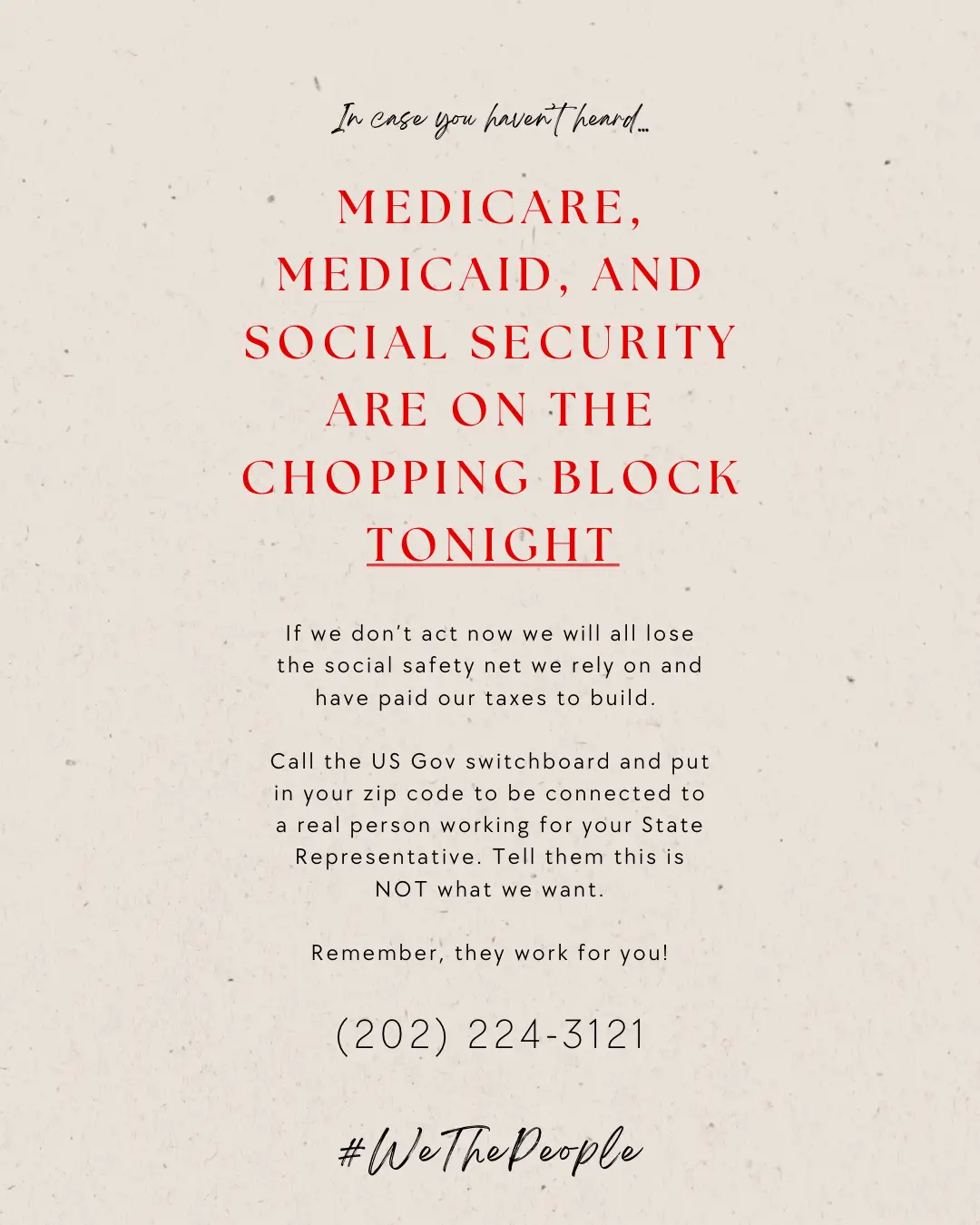 A beige textured background displays bold red text announcing that Medicare, Medicaid, and Social Security are 'on the…