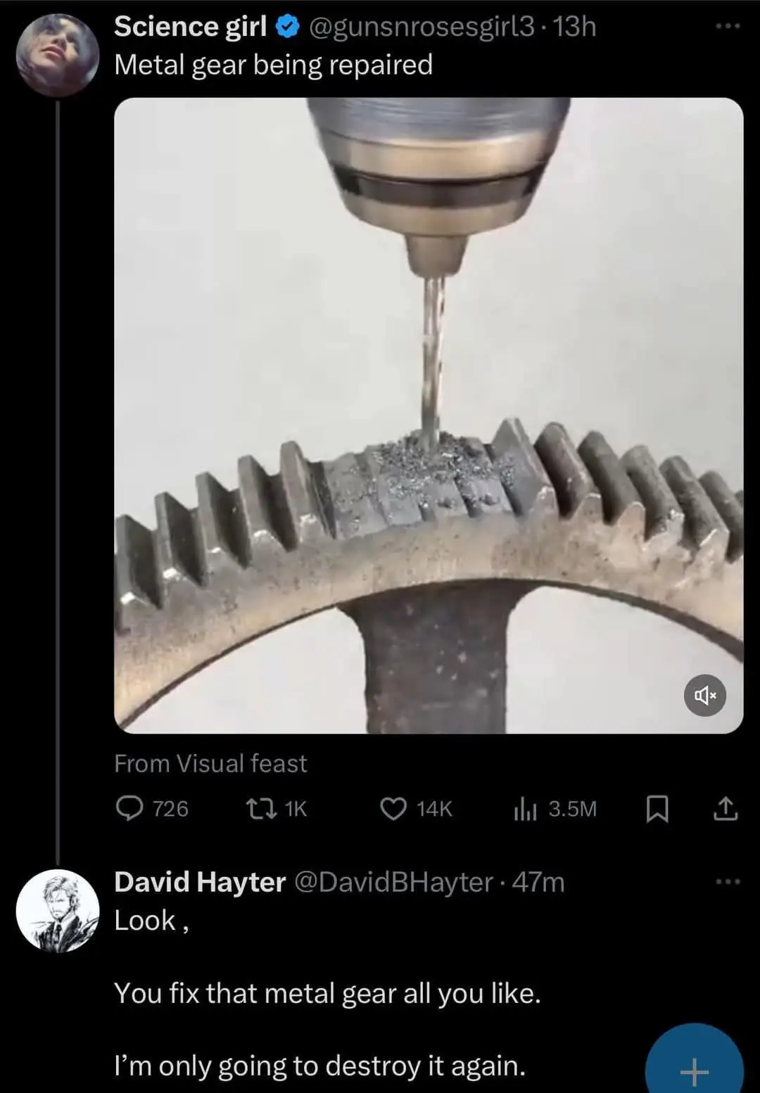 A close-up video shows a drill bit actively removing metal shavings from a large, damaged gear. Below the video, a tweet…