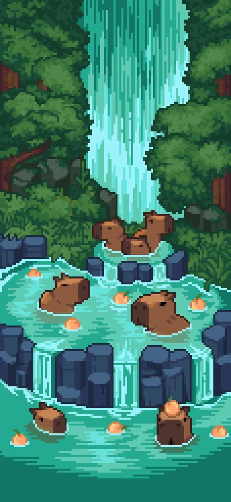 A pixel art image shows multiple capybaras relaxing in a multi-tiered waterfall surrounded by green trees and rocks, with…