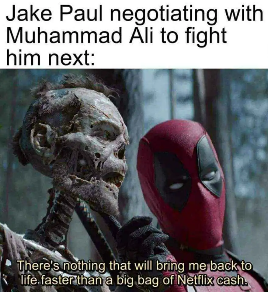 The image shows two characters: a skeletal, decaying figure on the left and Deadpool in his red and black suit on the right…