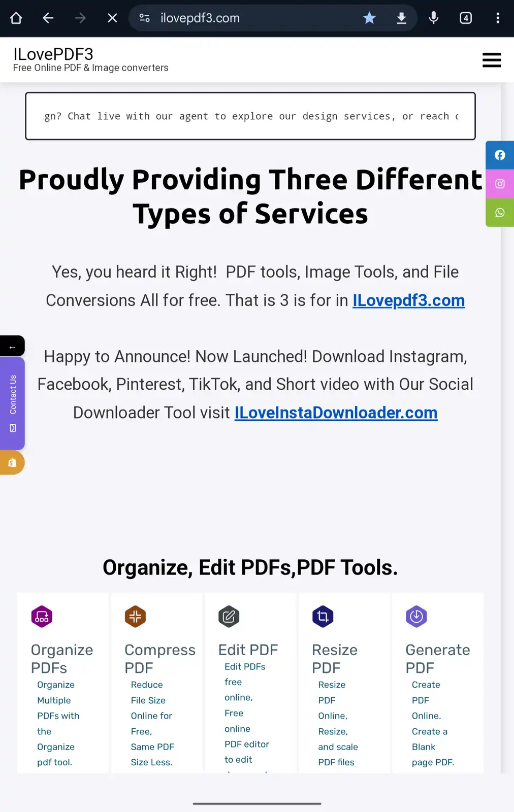 A screenshot of the iLovePDF3.com website homepage, which claims to offer three types of services: PDF tools, image tools…