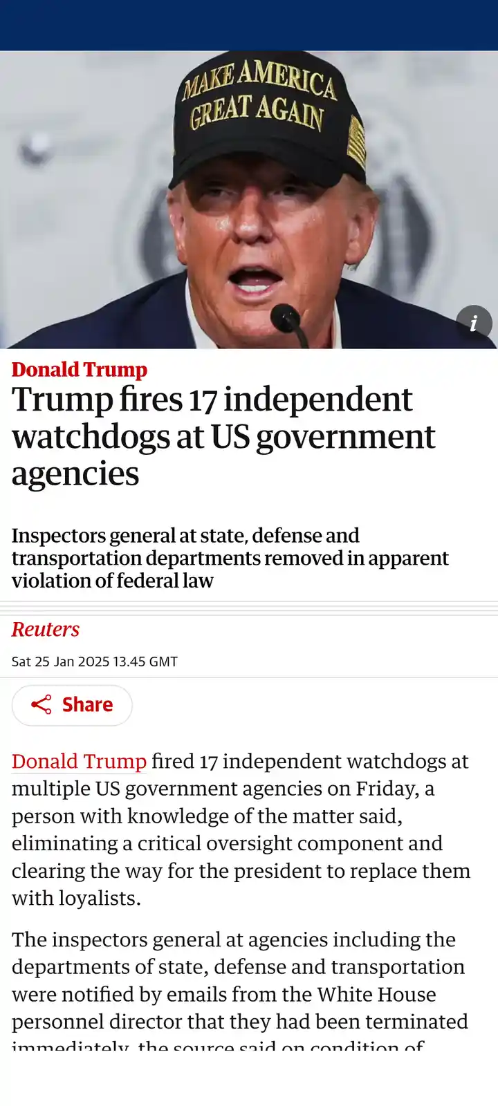 The image shows a screenshot of a Reuters news article dated January 25, 2025, with a photo of Donald Trump wearing a 'Make…