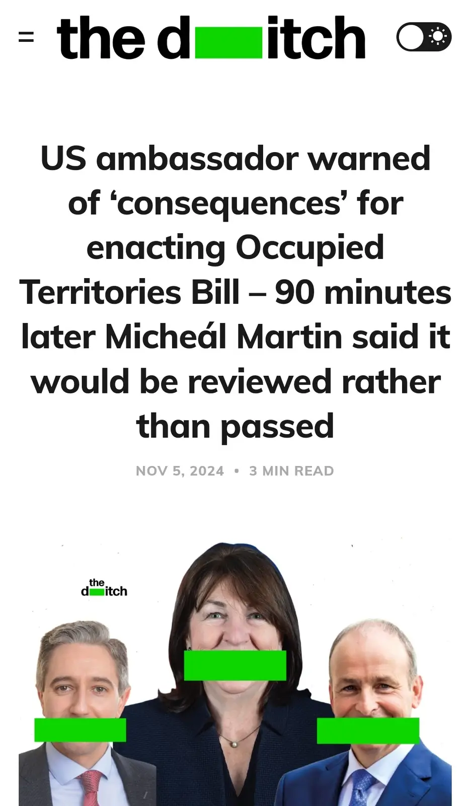 An image mimicking a news article from 'the d____itch' with a headline about a US ambassador warning of consequences for a…