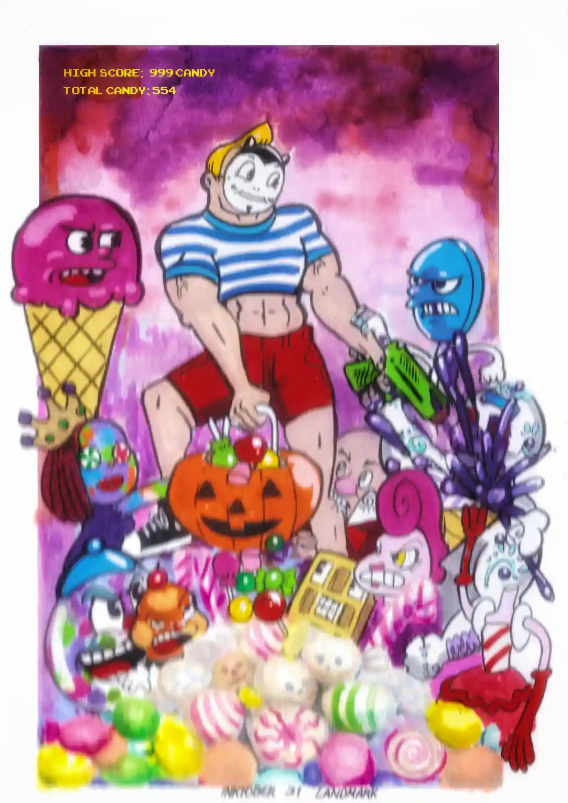 A colorful, chaotic cartoon drawing features a muscular man in a striped shirt and red shorts holding a jack-o'-lantern…