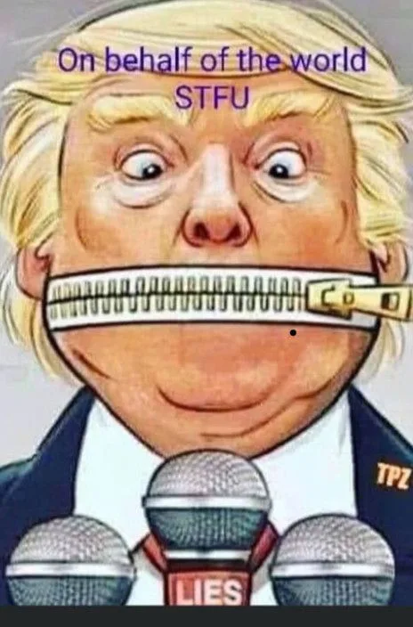 A cartoon image of Donald Trump with a zipper across his mouth, standing before three microphones. One microphone has a red…