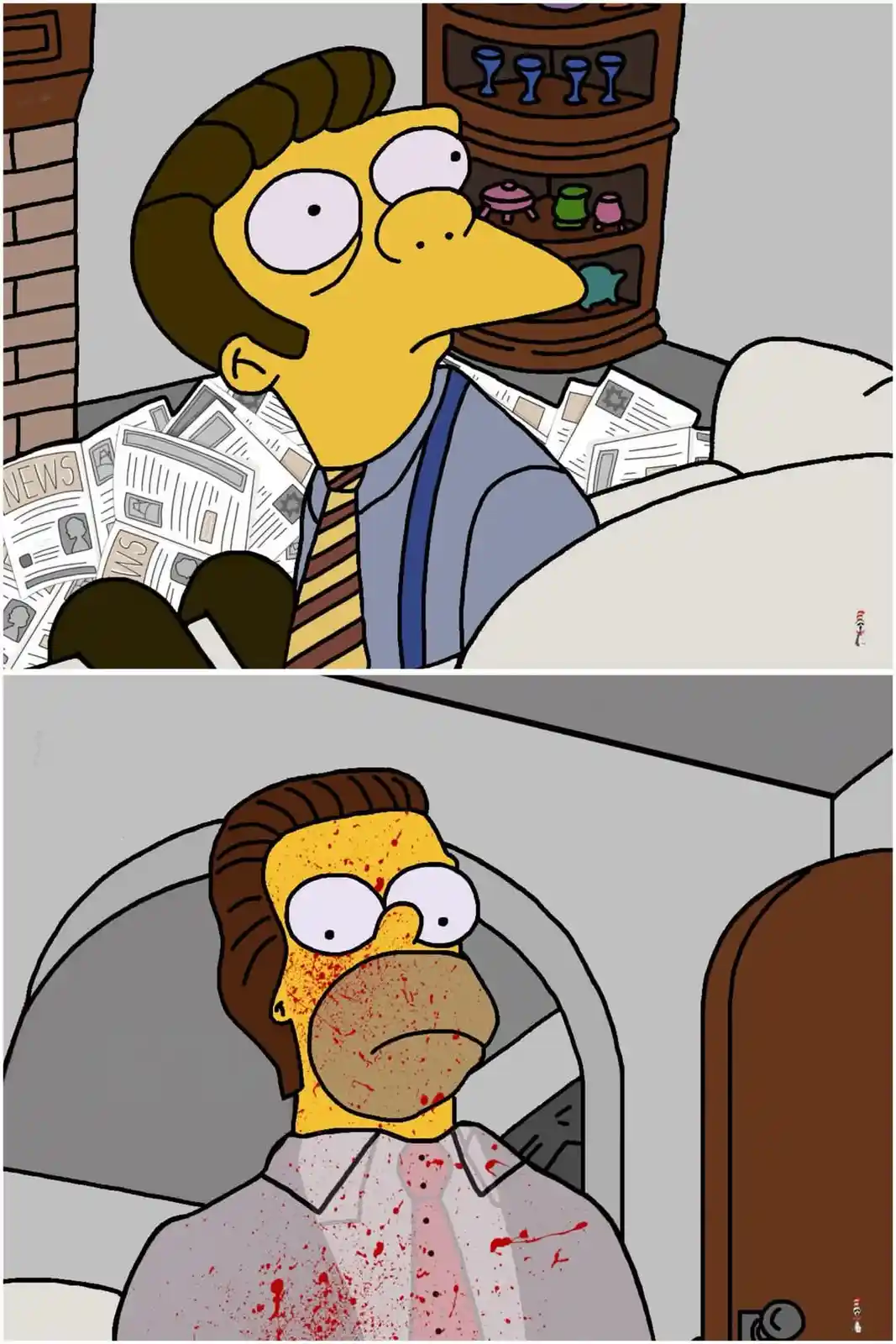 The top panel shows a cartoon man in a suit and tie, sitting on a couch surrounded by newspapers, looking bored or…