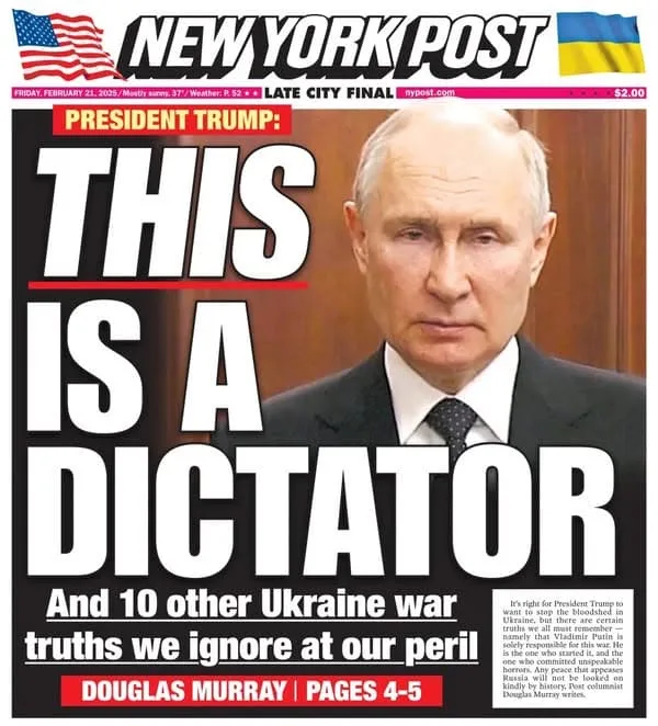 A digitally altered New York Post front page from February 21, 2025, features a photo of Vladimir Putin with the headline…