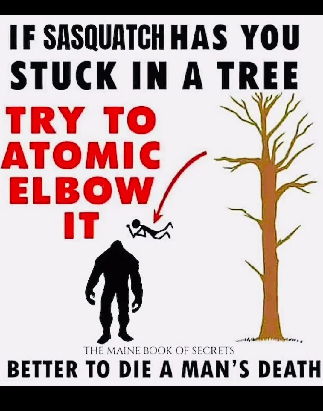The image shows a black silhouette of a large Sasquatch standing below a bare tree, with a small human figure stuck in the…