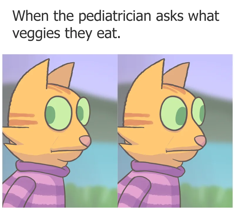 The image shows a split-screen of an orange cartoon cat with large green eyes and a purple striped sweater, looking slightly…