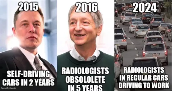A three-panel meme shows Elon Musk in 2015 confidently predicting self-driving cars in two years, then a smiling man in 2016…