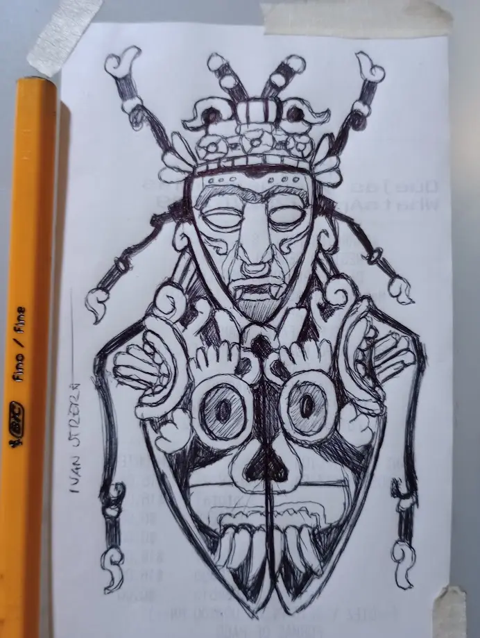 A hand-drawn black-and-white sketch of a stylized, symmetrical mask-like figure with a crown, intricate patterns, and a…