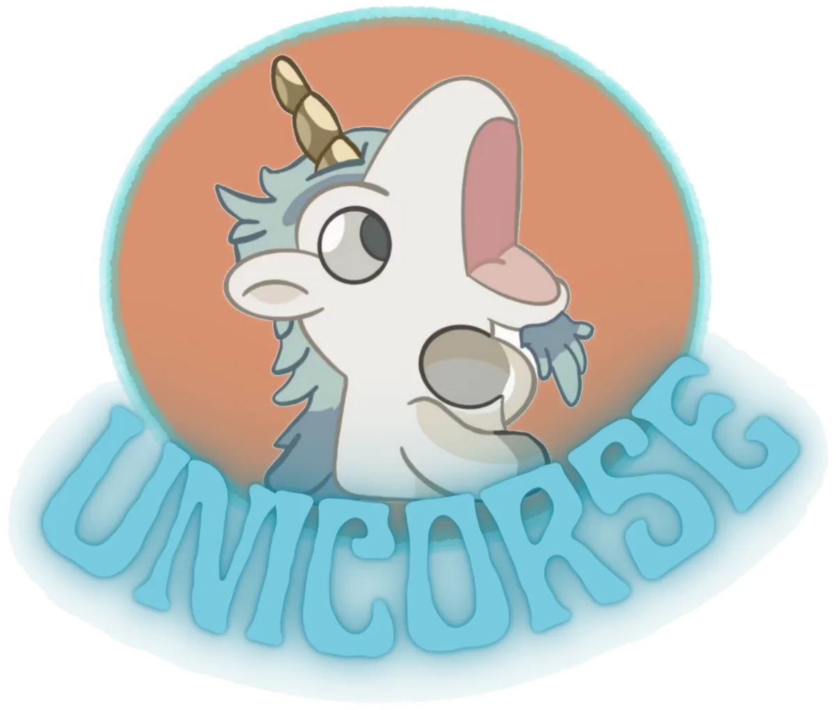 A cartoon unicorn with a light blue mane and horn, wide eyes, and an open mouth, set against a circular orange background…