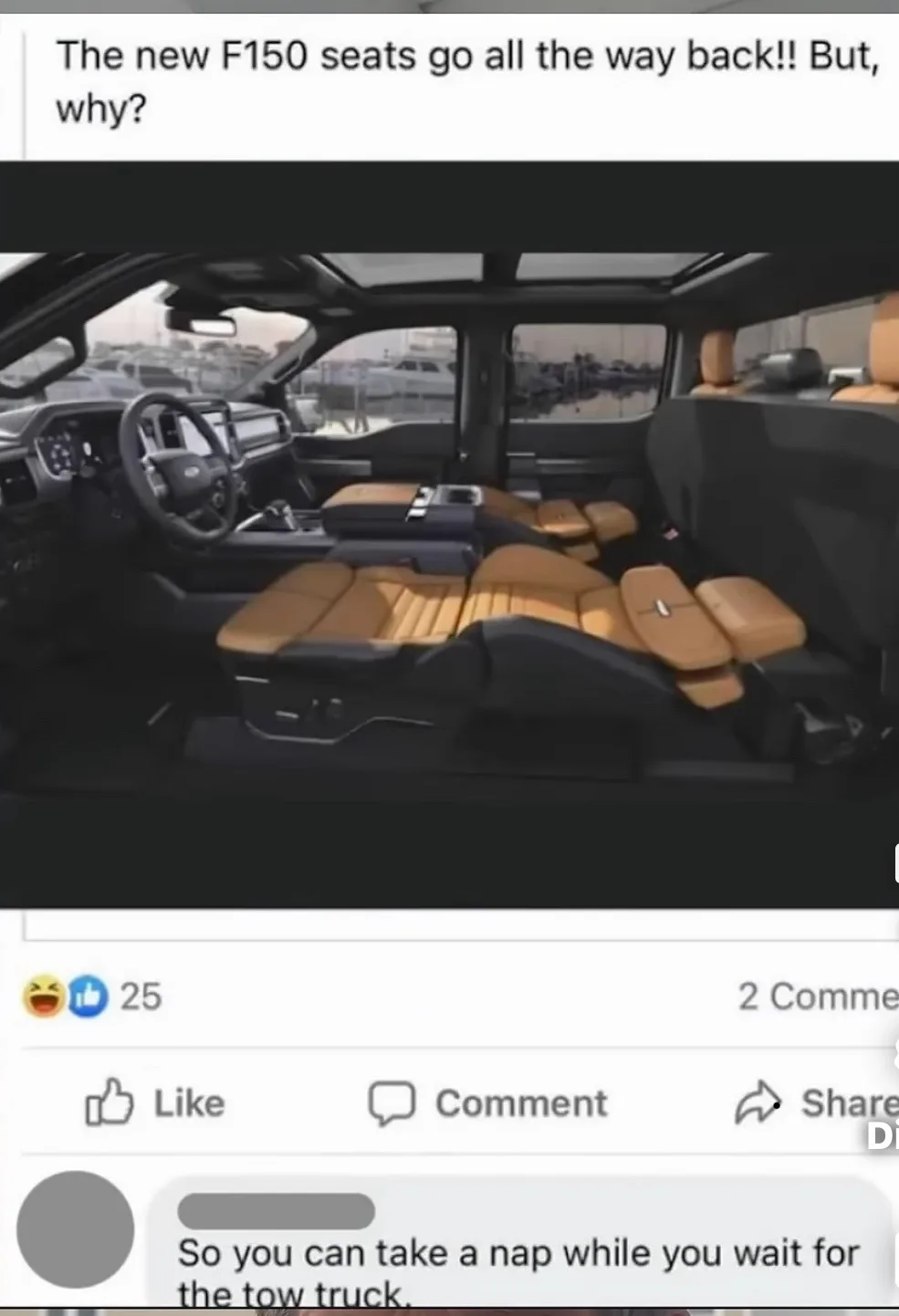 An image of the interior of a Ford F-150 truck showing its seats reclined all the way back, with tan leather upholstery and…