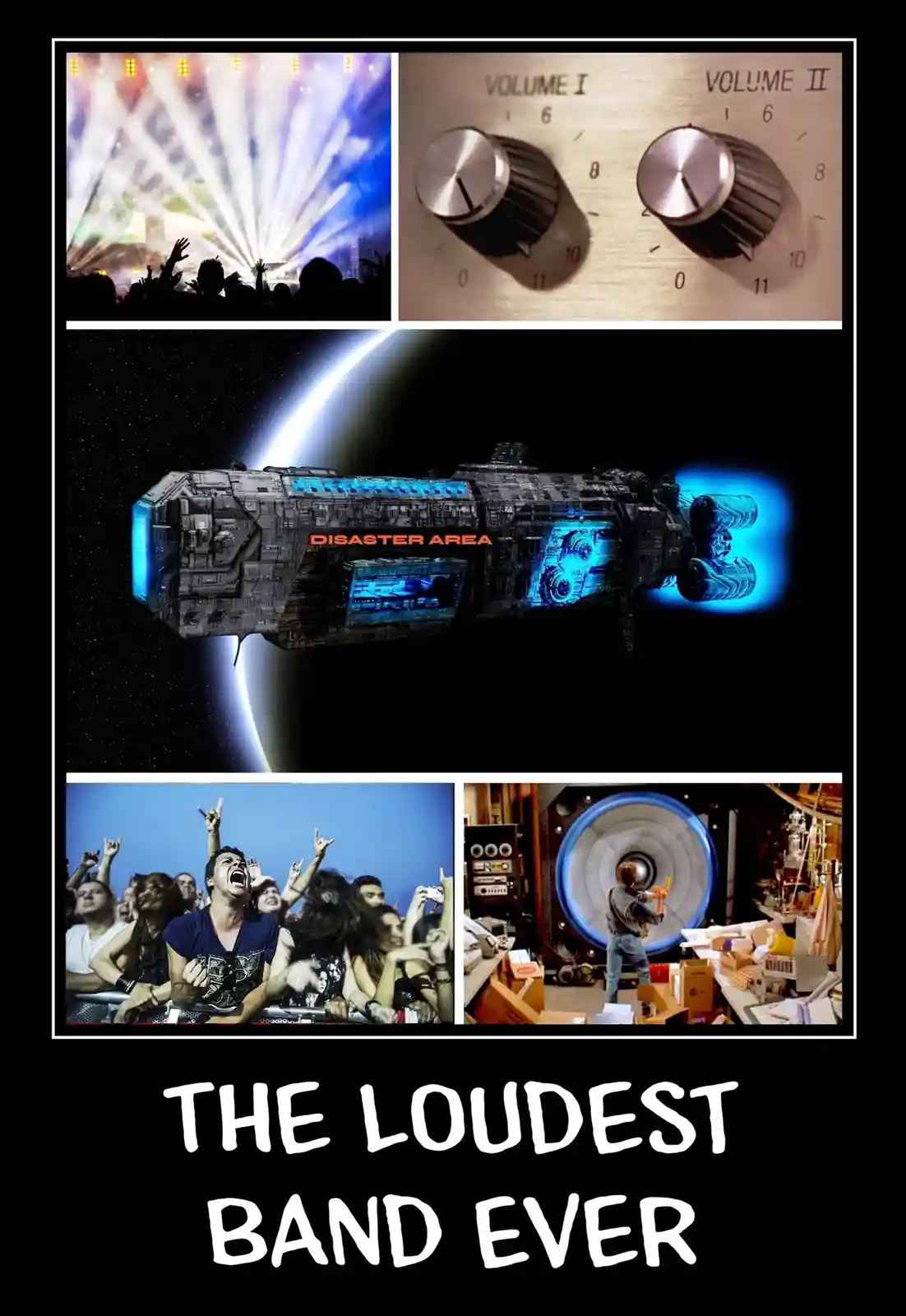 A collage of five images: concert crowd silhouettes under stage lights, two volume knobs at 11, a spaceship labeled…