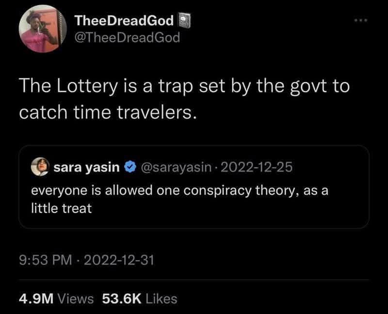 A screenshot of a Twitter thread showing a user named TheeDreadGod posting the conspiracy theory that 'The Lottery is a trap…
