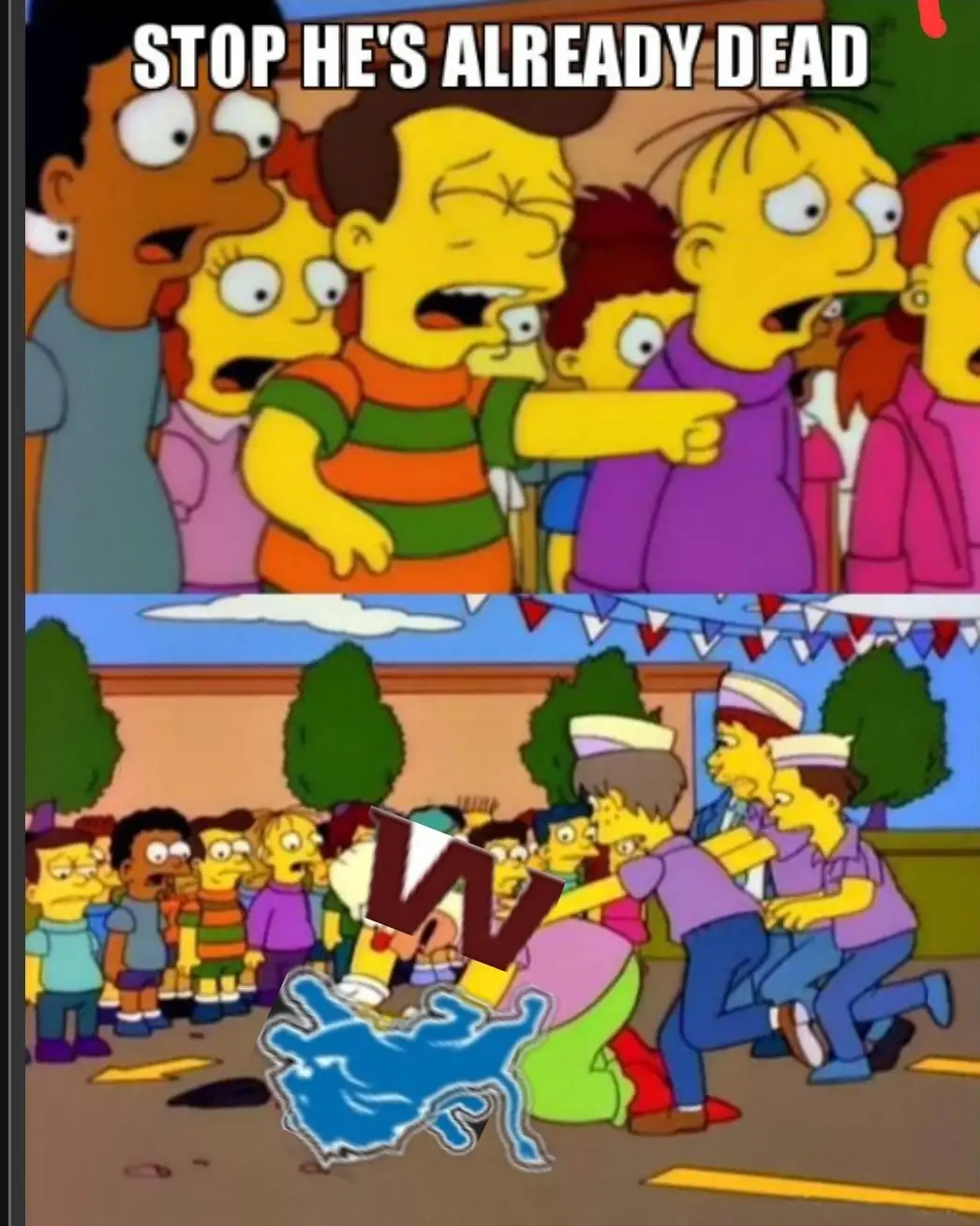 The top panel shows a group of Springfield Elementary students, including Bart Simpson, pointing and shouting in alarm. The…