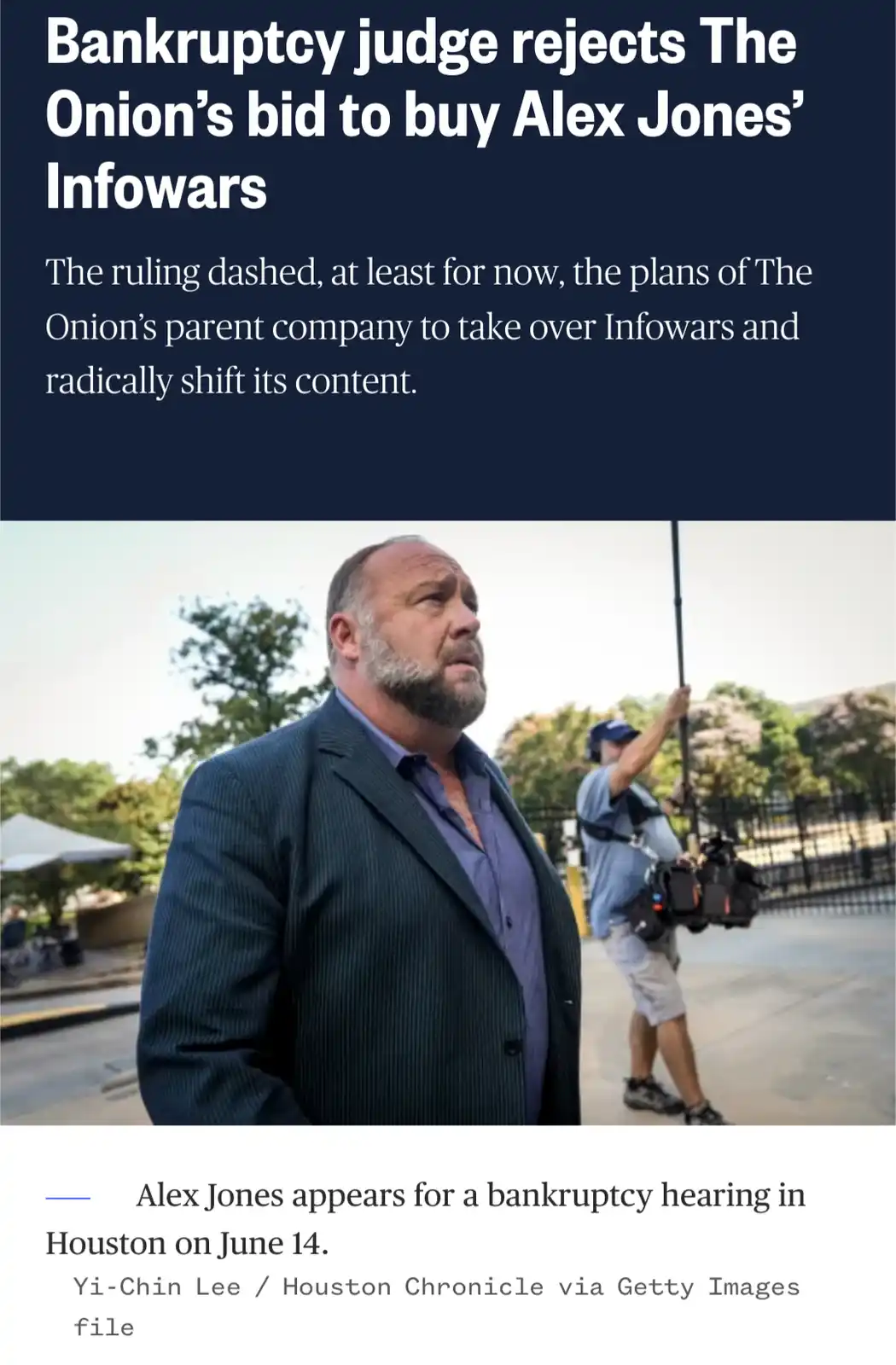 A news article screenshot shows Alex Jones looking upward with a concerned expression while a cameraman films him outdoors…