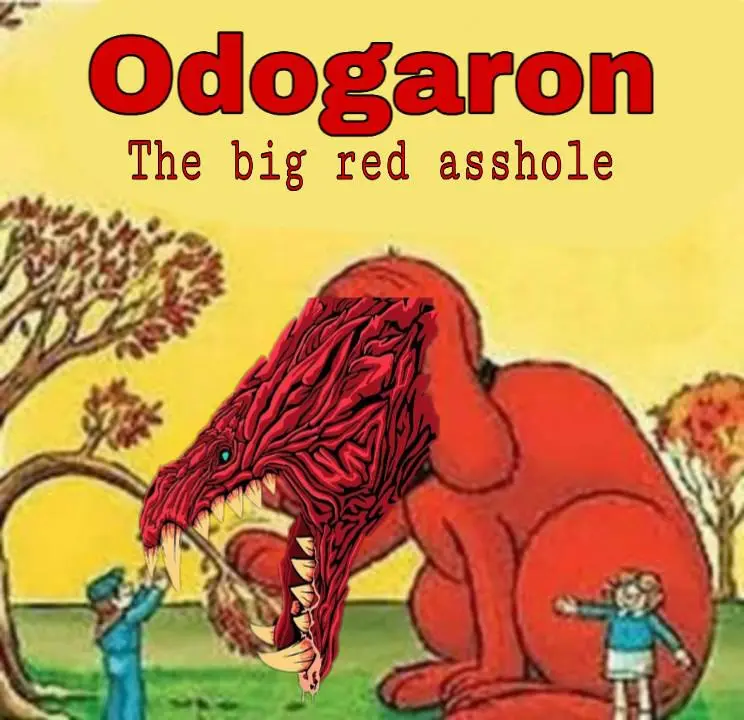 A cartoonish red dinosaur-like creature with a textured, muscular head and sharp teeth is shown in a grassy field with two…