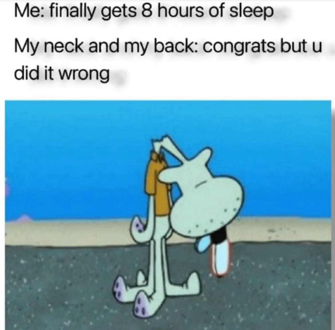 The image shows the cartoon character Squidward from SpongeBob SquarePants, bent over with his head down and arms raised in…