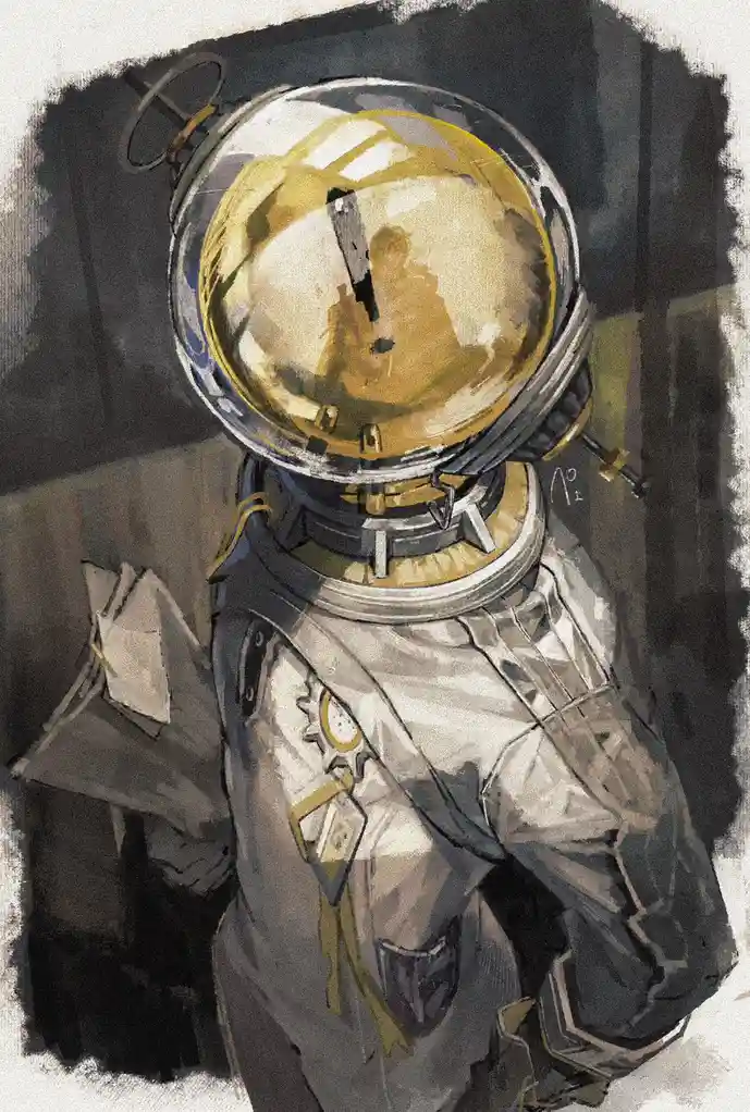 A digital painting depicts a person in a detailed, bulky spacesuit with a reflective gold-tinted helmet. The helmet's visor…