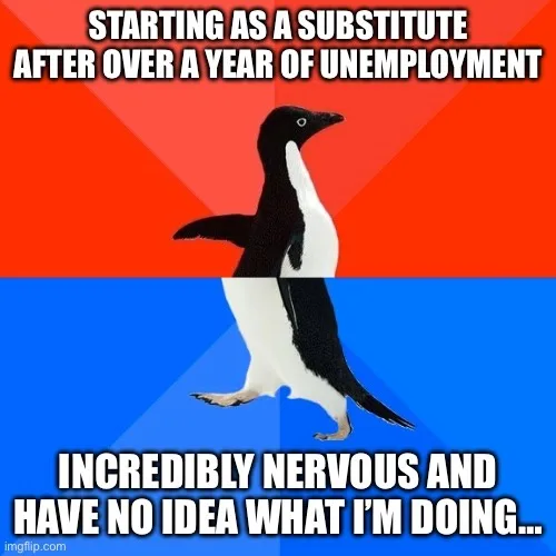 An image of a penguin standing upright against a red and blue background, with white text overlaid in two sections. The top…