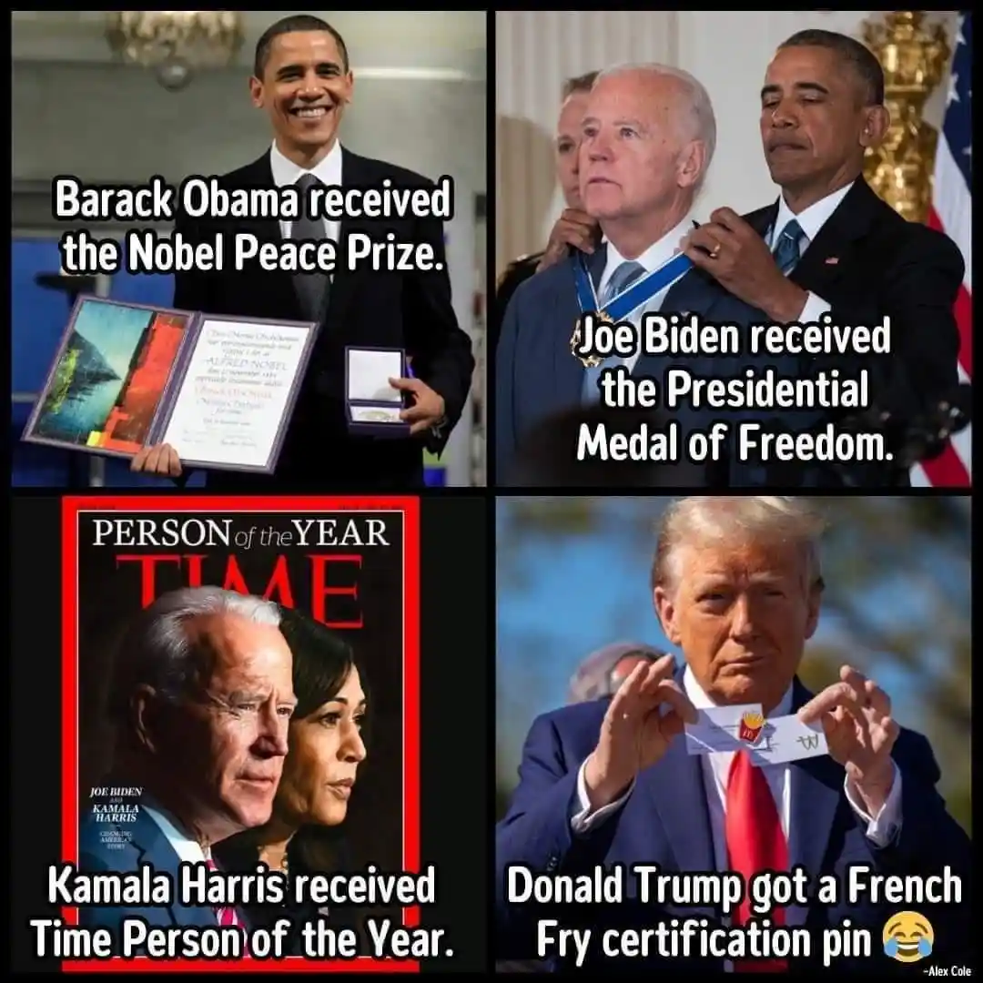 A four-panel meme comparing honors received by U.S. political figures: Barack Obama with the Nobel Peace Prize, Joe Biden…