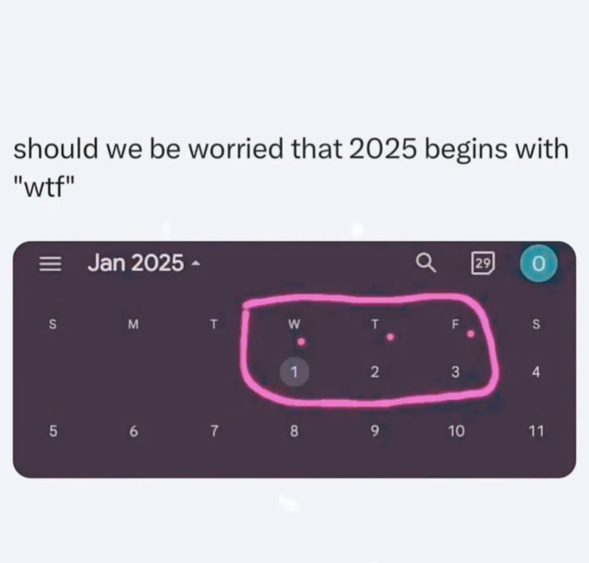 A digital calendar view for January 2025 shows the first three days of the month — January 1st (Wednesday), 2nd (Thursday)…