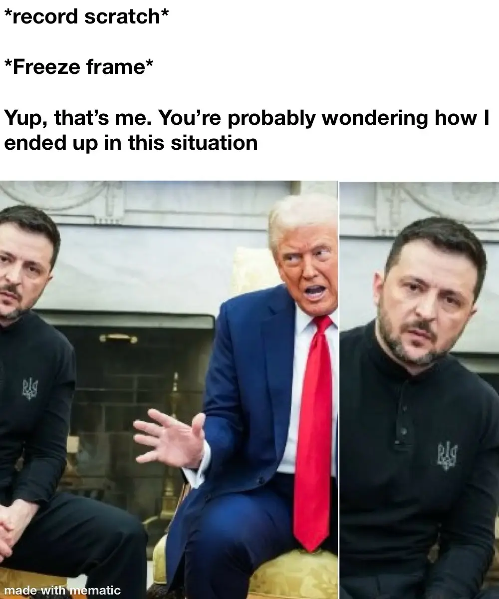 The image is split into three panels: left and right show Ukrainian President Volodymyr Zelenskyy looking serious and…