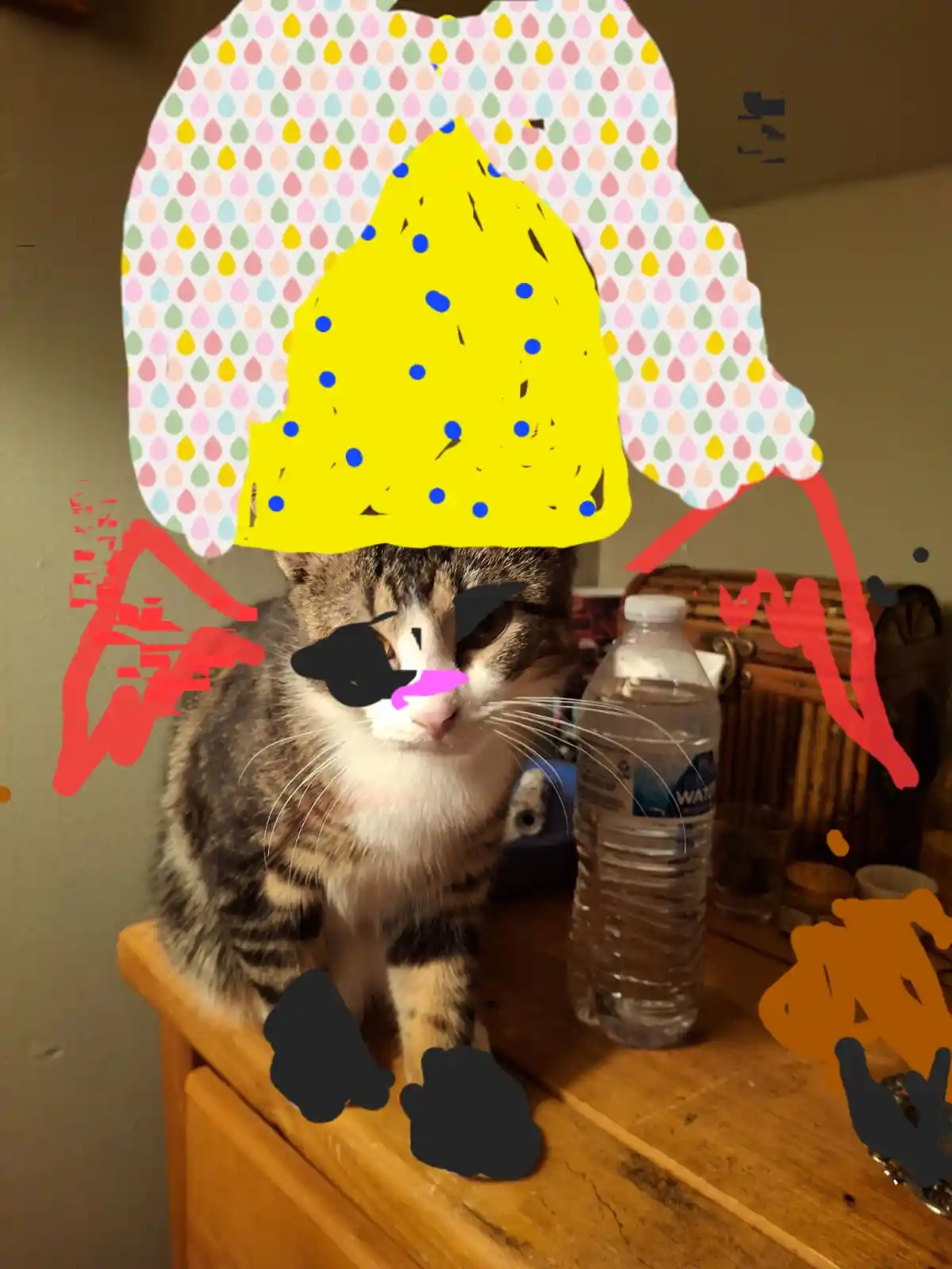 A tabby cat with a white chest sits on a wooden dresser next to a water bottle, its face edited with black sunglasses and a…