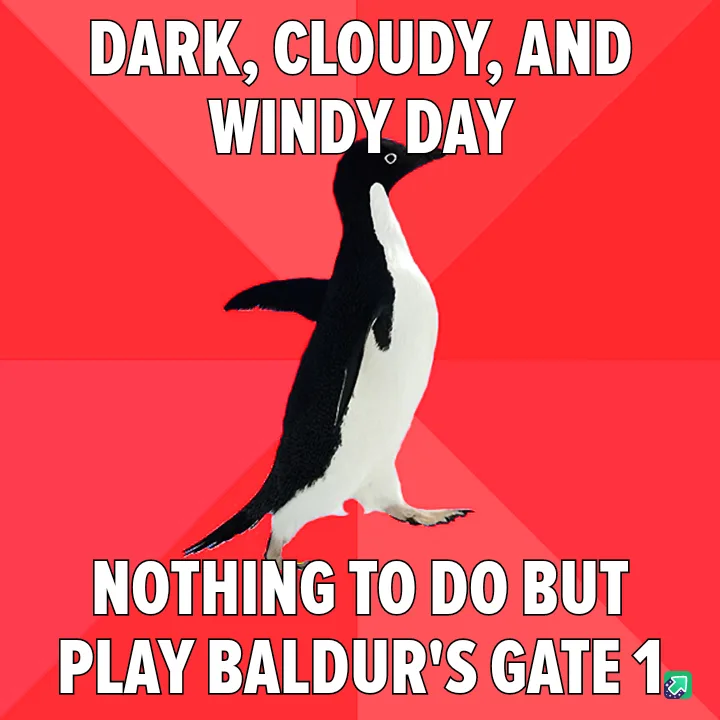 A black-and-white penguin stands against a red background with diagonal stripes. The text at the top reads 'DARK, CLOUDY…