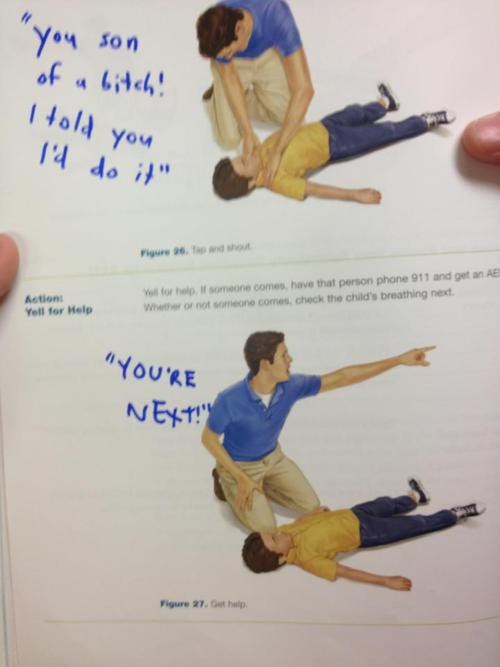 A page from a first aid manual showing two figures: one performing CPR on a child, the other pointing away. Blue handwritten…
