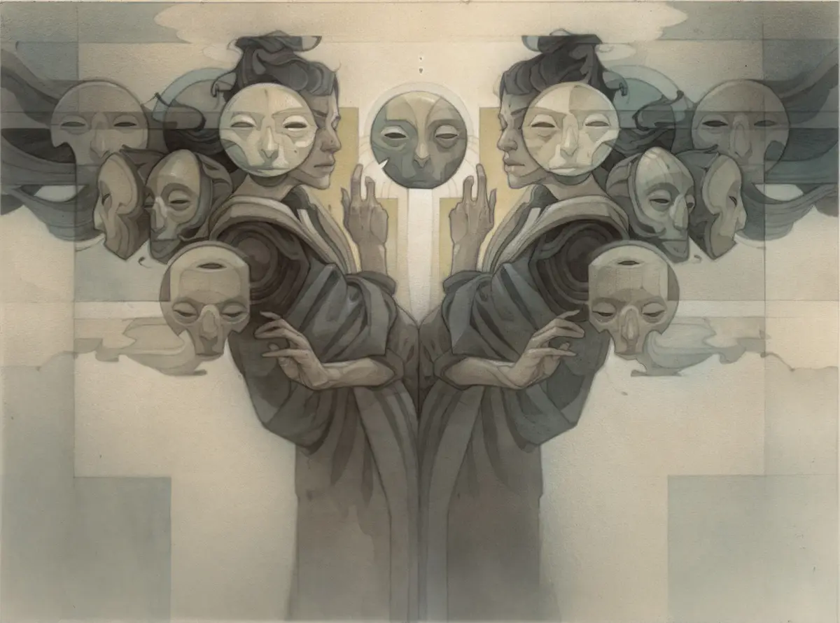 An artwork depicts two mirrored figures in robes, each holding a mask and surrounded by floating, stylized masks. The scene…