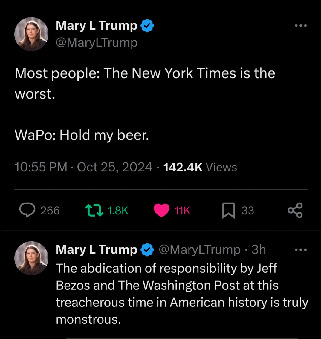 A screenshot of a tweet from Mary L Trump showing two tweets. The first says 'Most people: The New York Times is the worst.'…