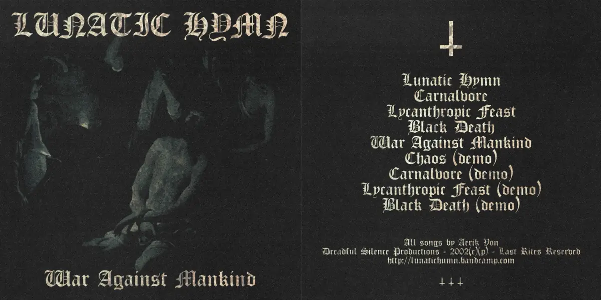 This image is the front and back cover of a black metal demo cassette by the band Lunatic Hymn, titled 'War Against…