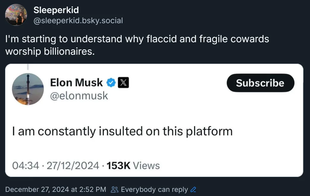 A screenshot of a post by 'Sleeperkid' on a social platform, which includes a mock YouTube video thumbnail featuring Elon…