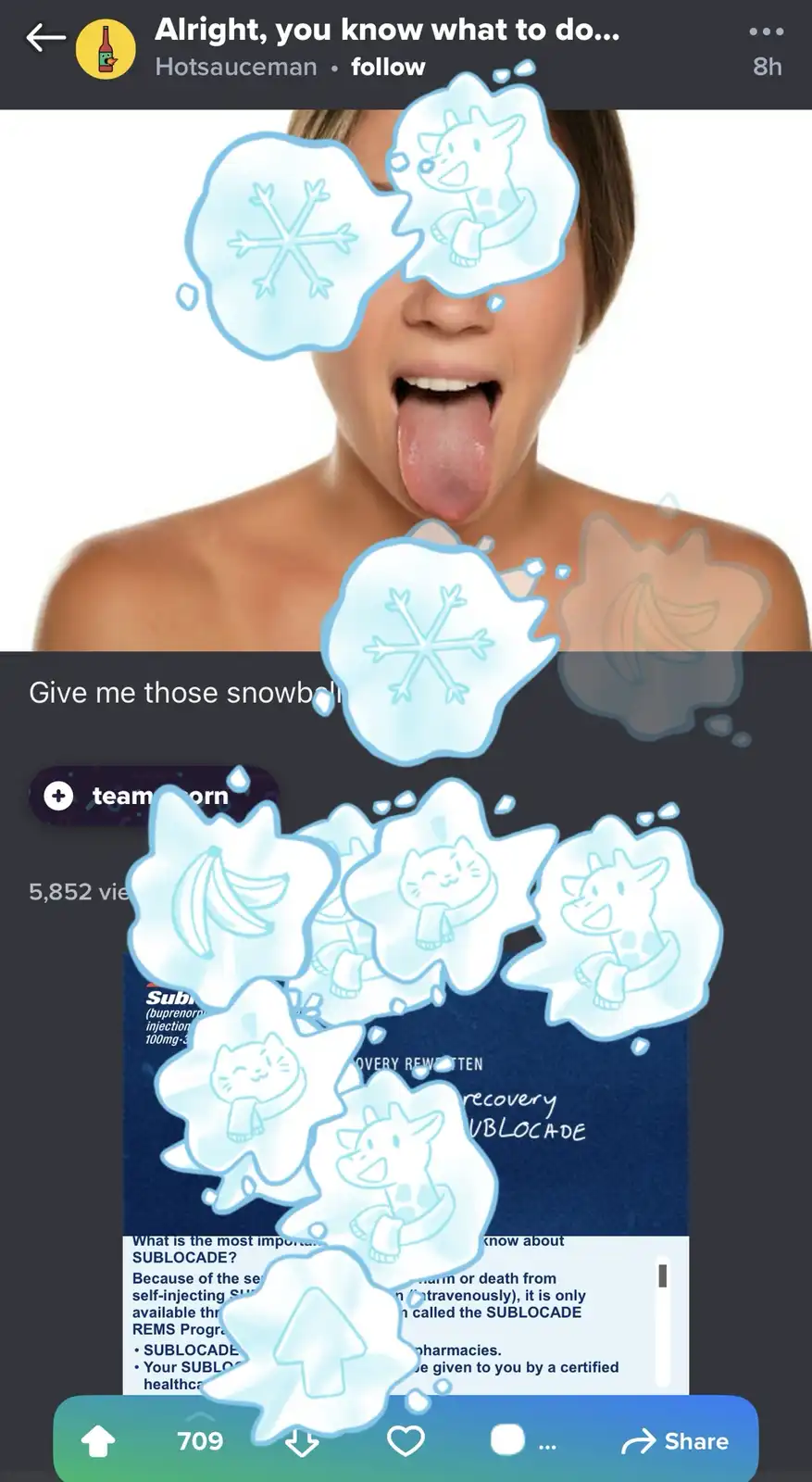 A person sticks their tongue out while cartoon snowflakes and snowballs with cute animal drawings float around them. The…