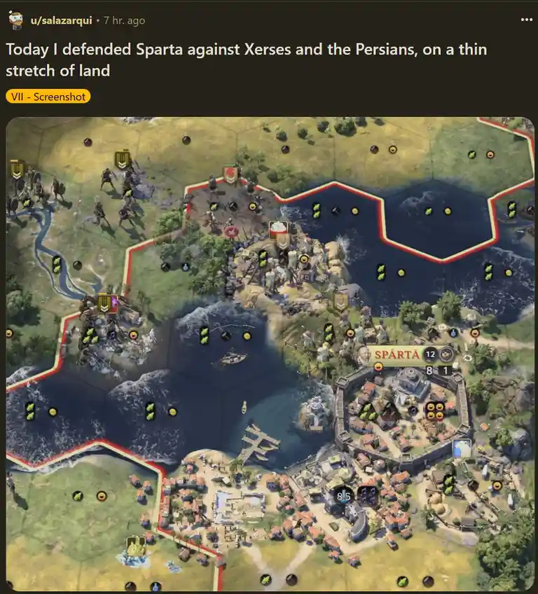 A screenshot from a strategy game shows a small, fortified city labeled 'SPARTA' surrounded by water on three sides and a…