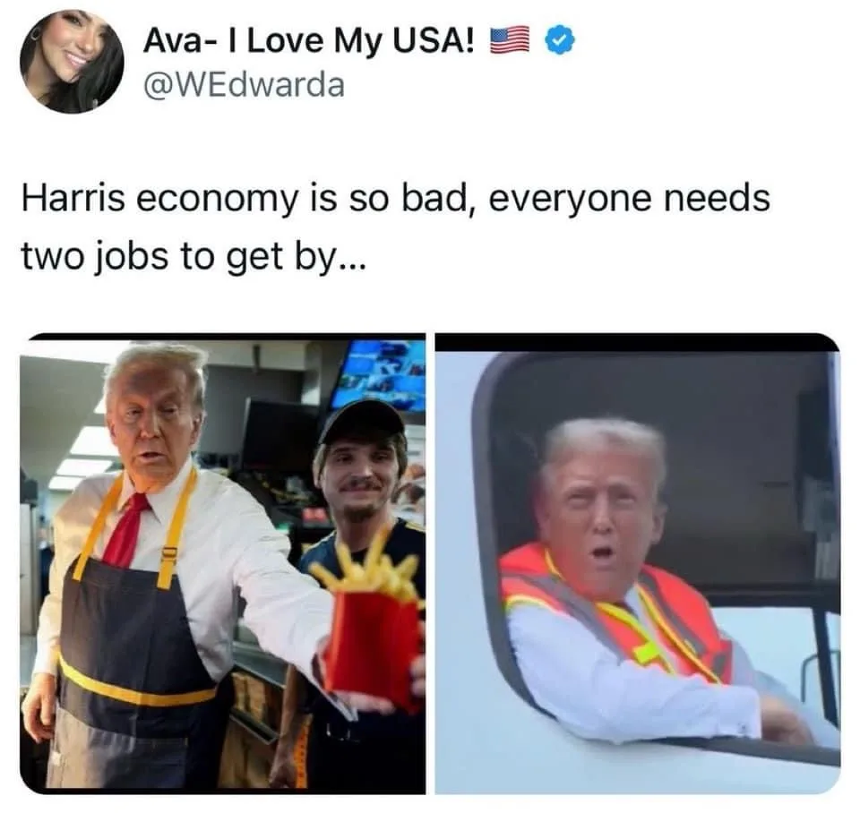 A tweet from Ava- I Love My USA! @WEdwarda shows two images of Donald Trump: one as a fast-food worker handing out fries…