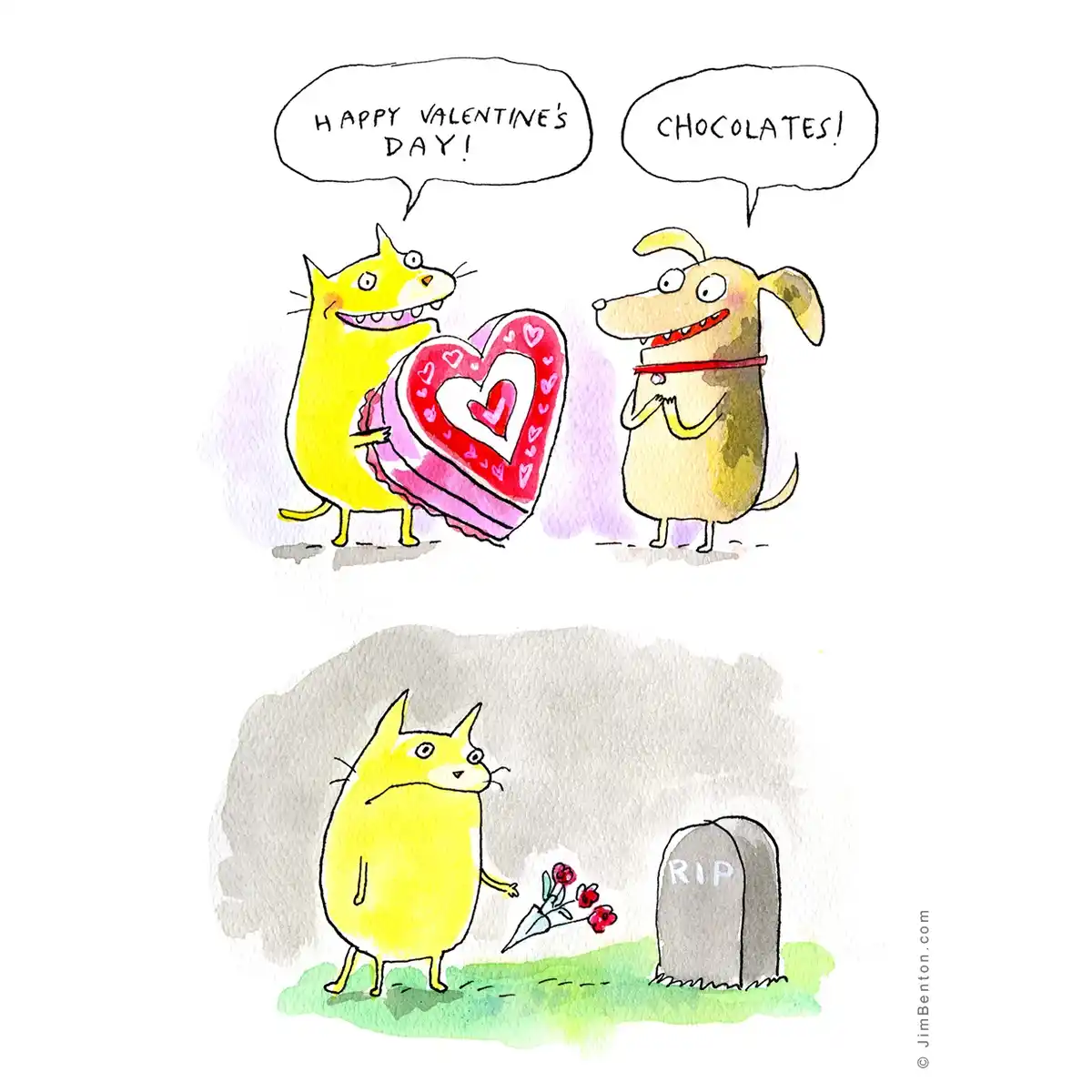 A yellow cartoon cat presents a heart-shaped box of chocolates to a dog on Valentine's Day, with the dog exclaiming…