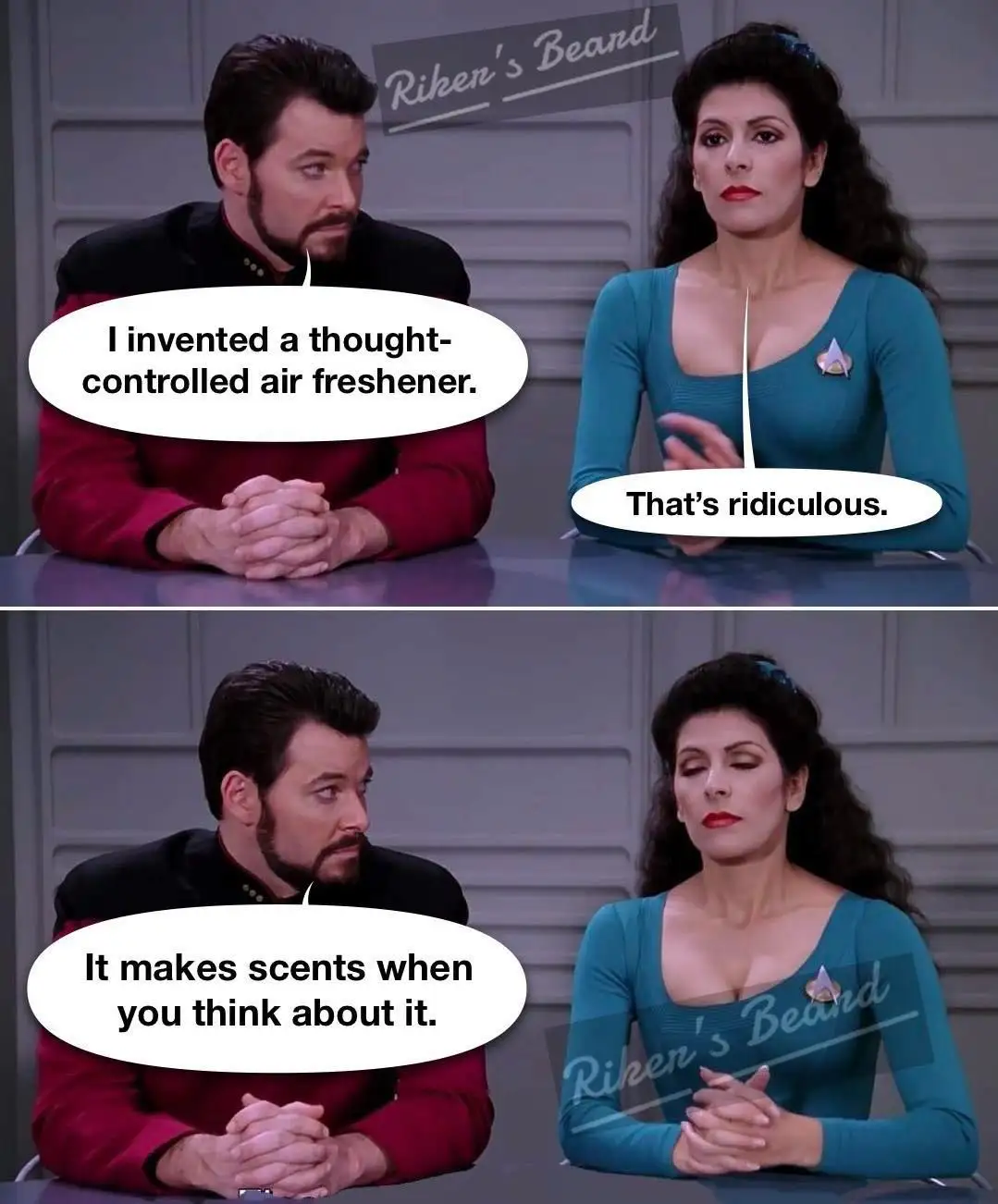 Two characters from Star Trek: The Next Generation sit at a table. The man in the red uniform says, 'I invented a…