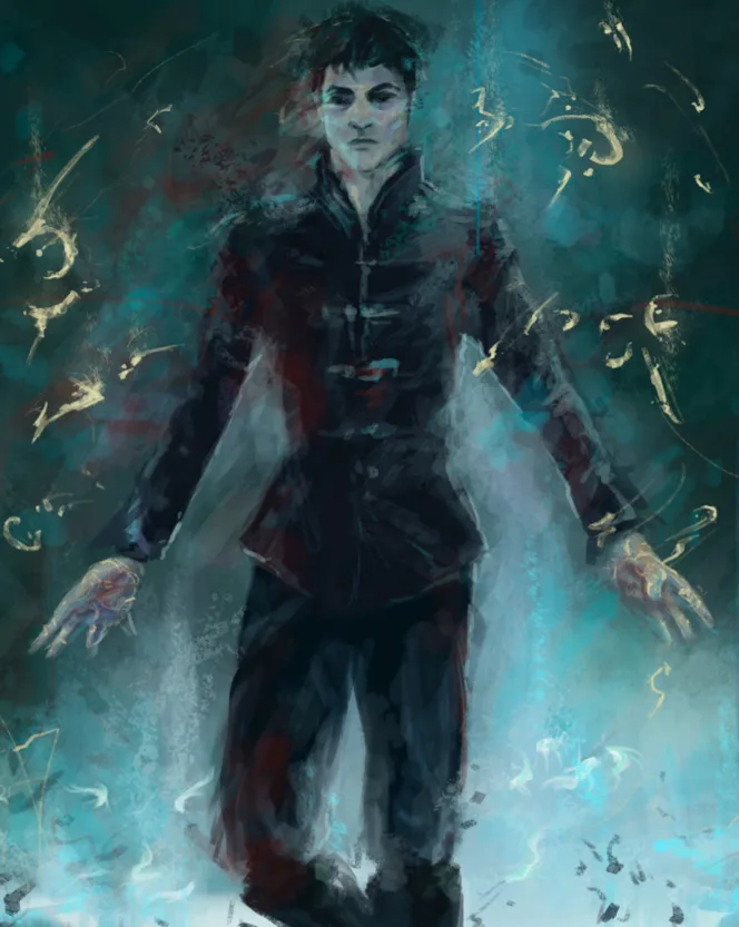 A stylized, painterly image of a young man in a dark, high-collared jacket with arms outstretched, surrounded by swirling…