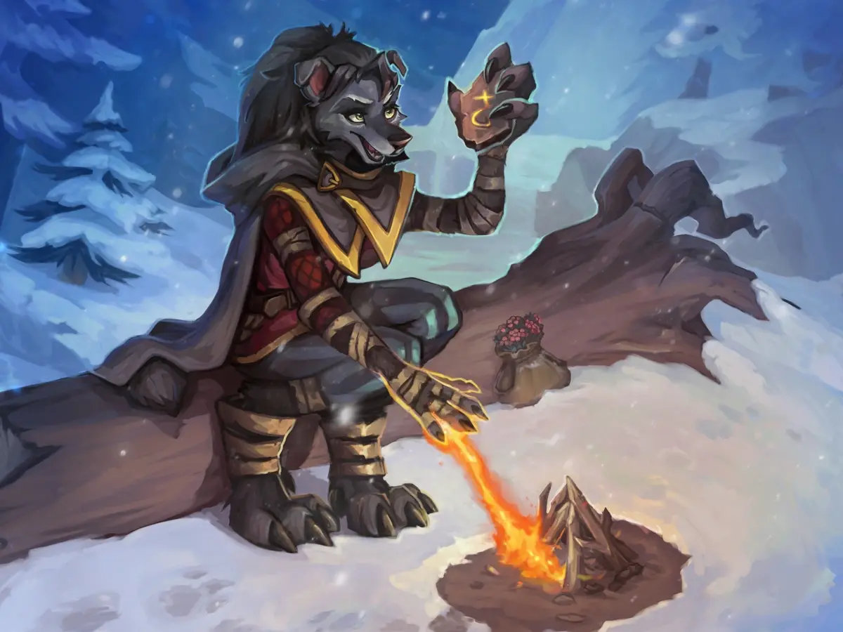 A wolf-like humanoid character in armor and a cloak sits by a snowy campfire, holding up a glowing hand with a cross symbol…