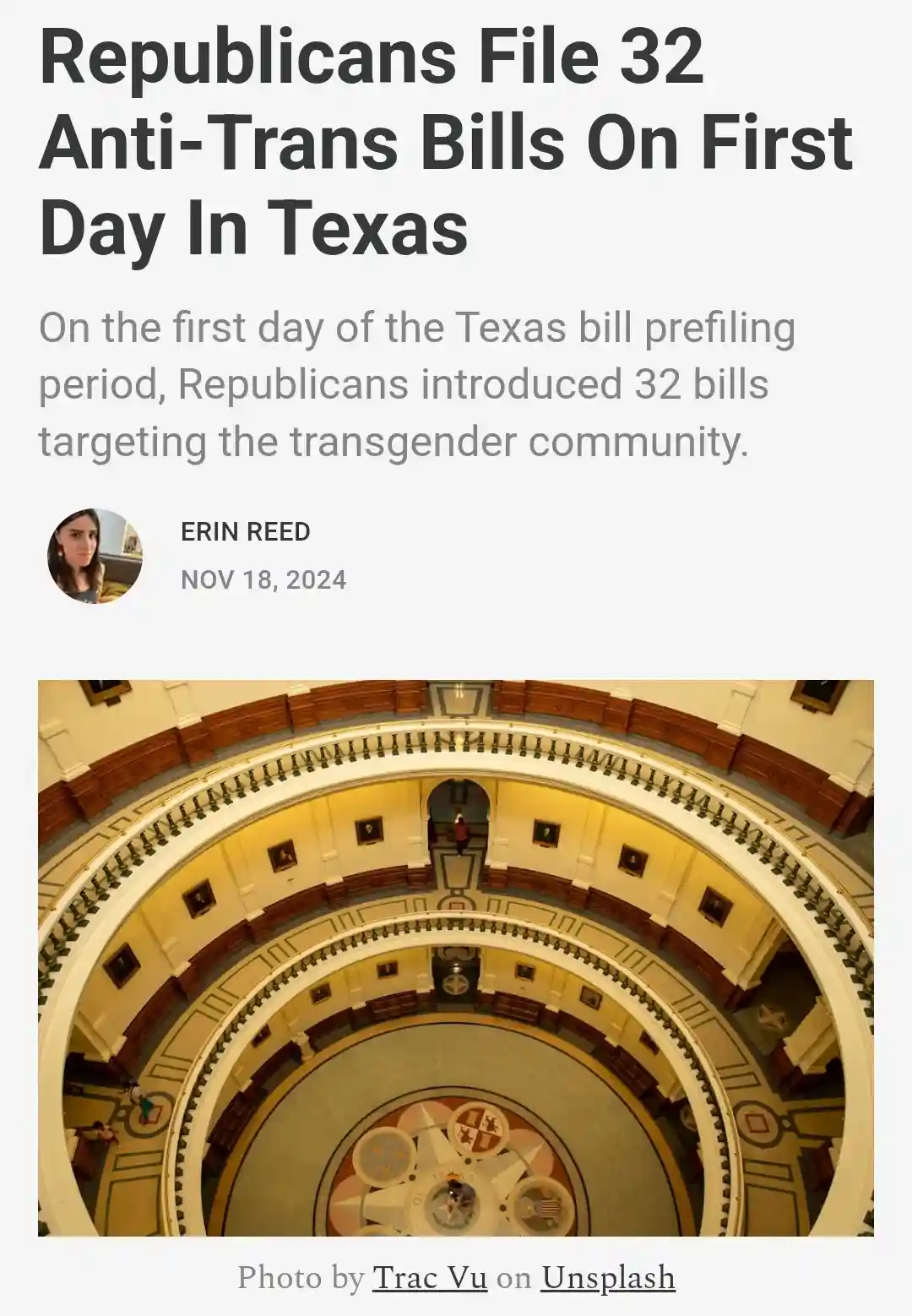 A screenshot of a news article with a headline reading 'Republicans File 32 Anti-Trans Bills On First Day In Texas' and a…