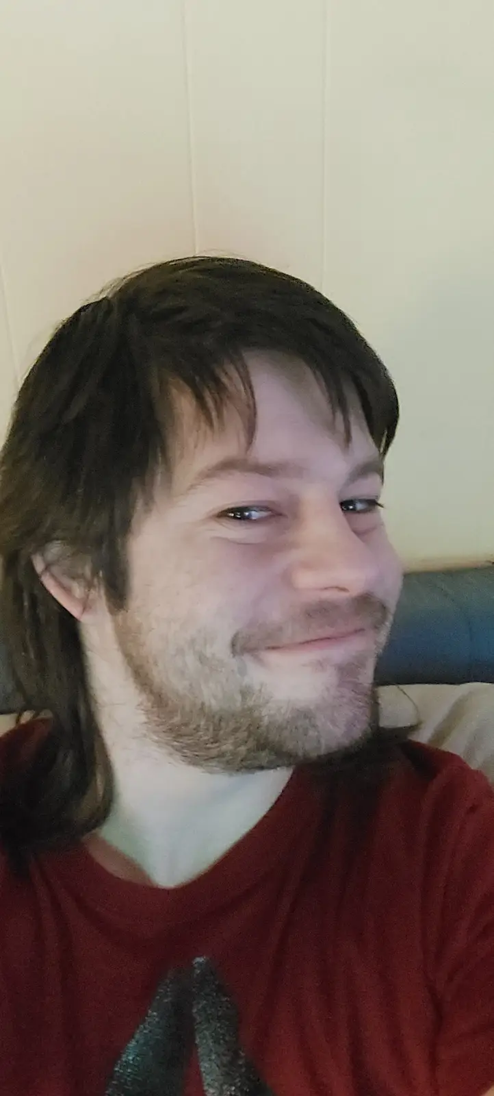 A man with medium-length brown hair and a beard, wearing a red shirt, looks off to the side with a subtle, slightly smug or…