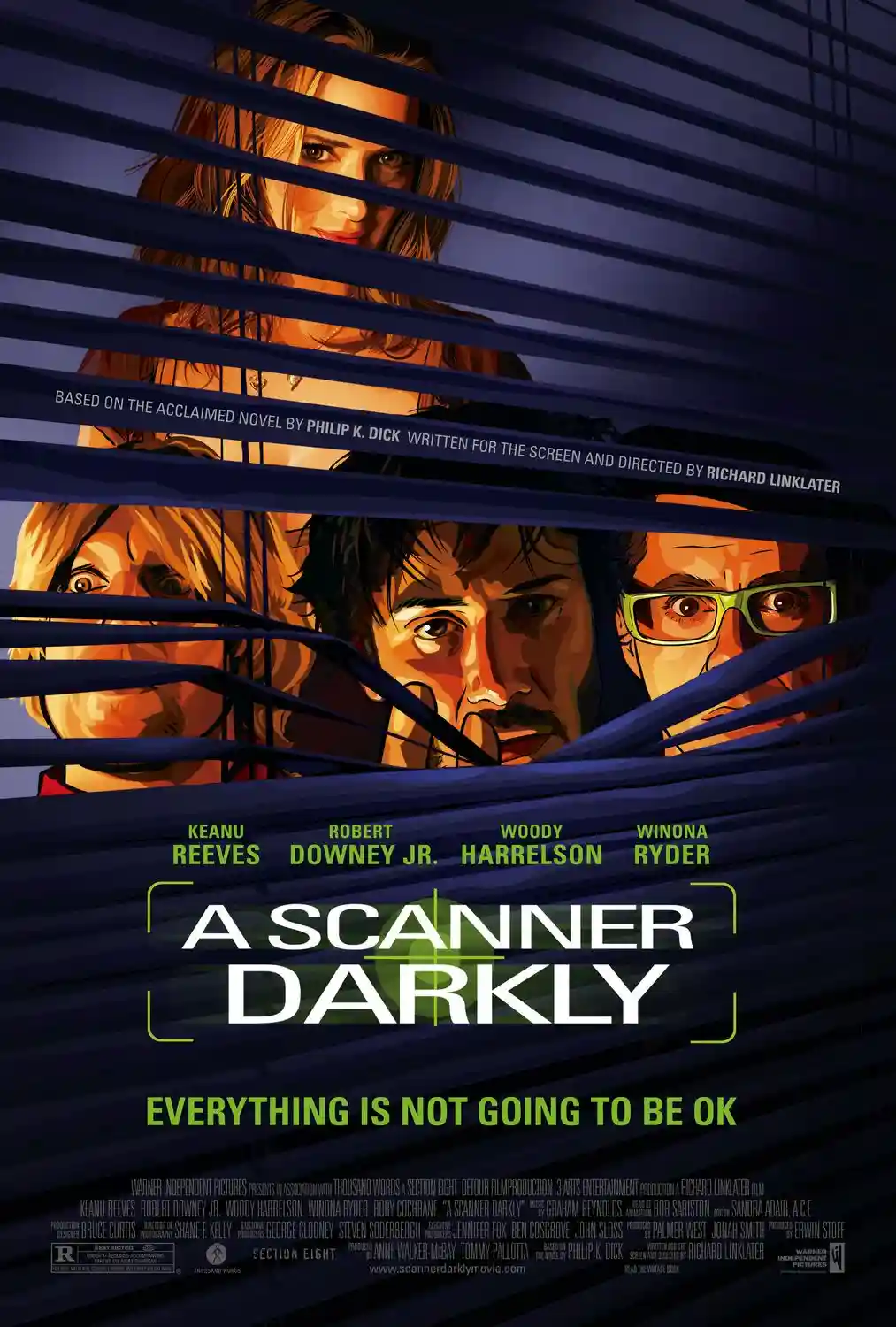 The movie poster for 'A Scanner Darkly' shows four characters peering through horizontal blinds, with the tagline…