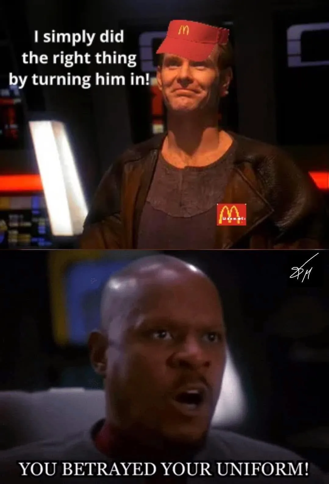 The top panel shows a man in a brown leather jacket with a red McDonald's visor and a McDonald's logo on his shirt, smiling…