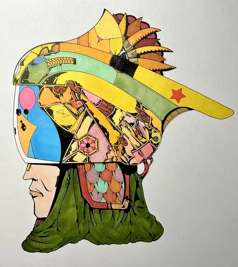 A stylized illustration of a man in profile wearing a green robe, with his head replaced by a complex, colorful collage of…