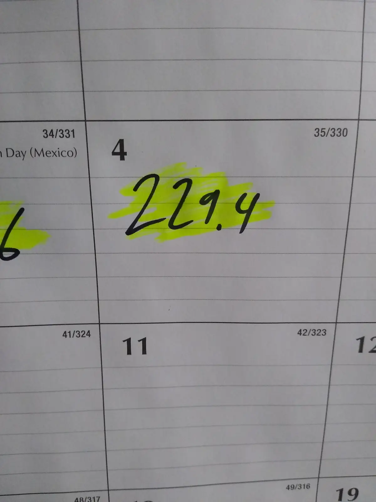 A close-up of a calendar page with a handwritten number '229.4' in black ink, highlighted with bright yellow highlighter…