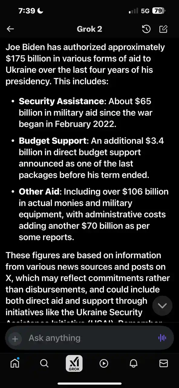 A screenshot of a Grok 2 AI chat interface displaying a text summary of Joe Biden's $175 billion aid package to Ukraine…