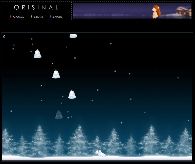 A screenshot from a minimalist winter-themed game shows a small white rabbit running across a snowy landscape with…